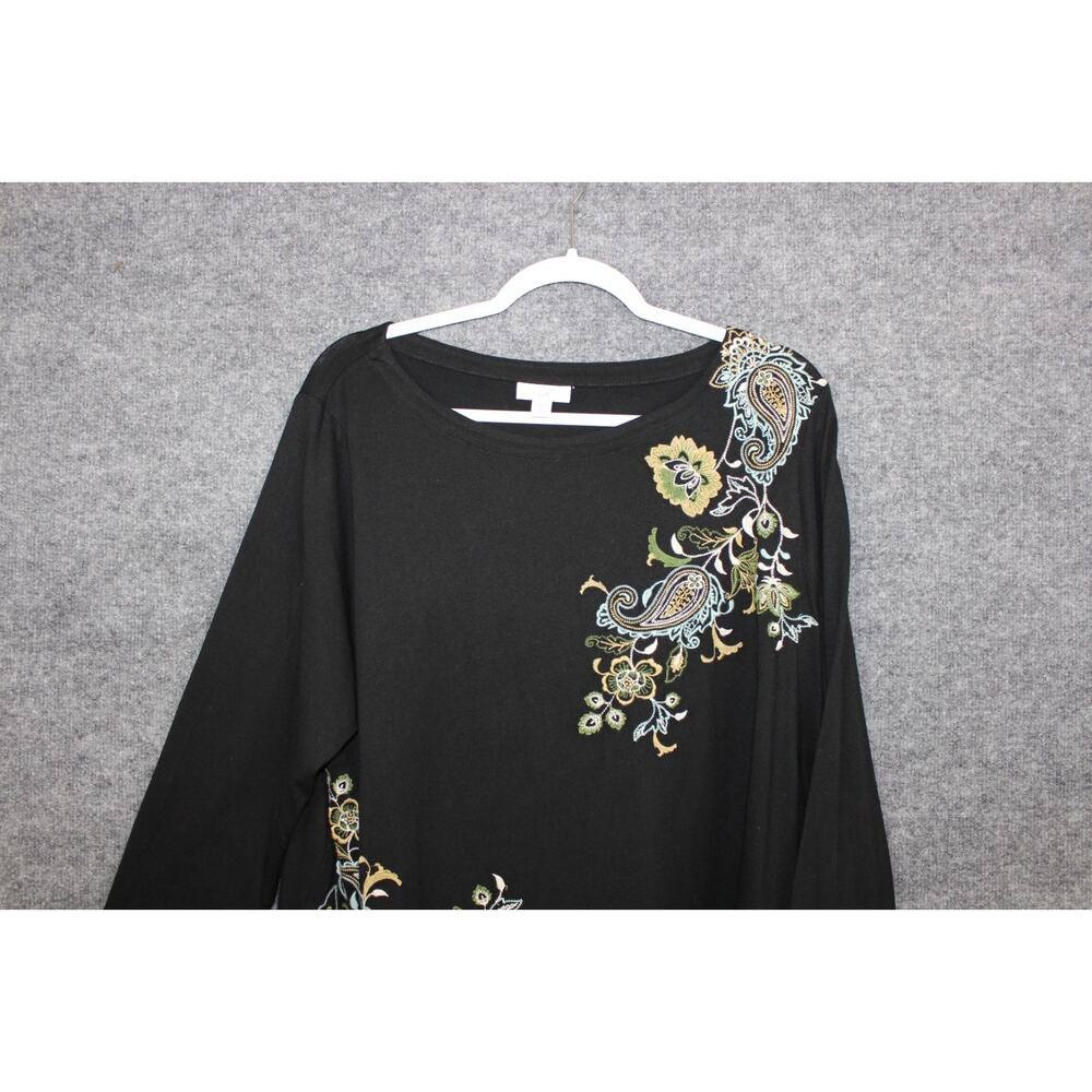 J JILL Embroidered Top Women's Size XL Petite Black Floral Paisley Long Sleeve - Picture 2 of 7